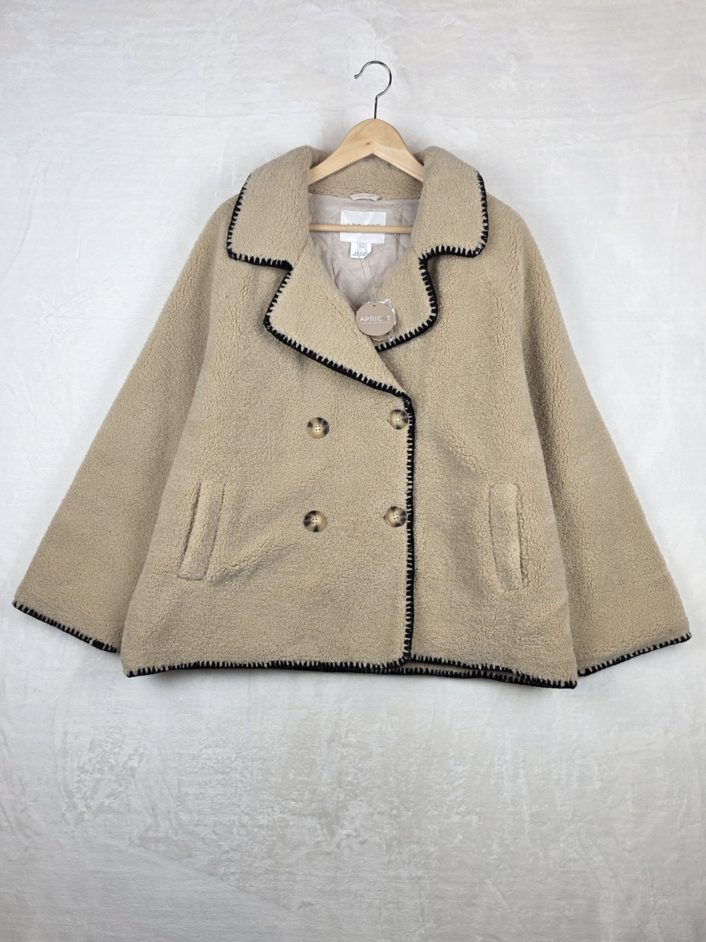 Apricot Blanket Stitch Teddy Borg Jacket Womens 10 Stone NWT Double Breasted